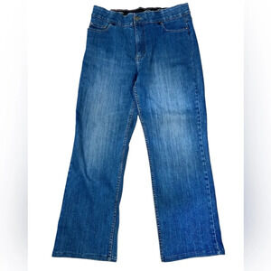 Riders by Lee Curvier wide-leg jeans, 34”W, stretchy waistband, mid-wash blue